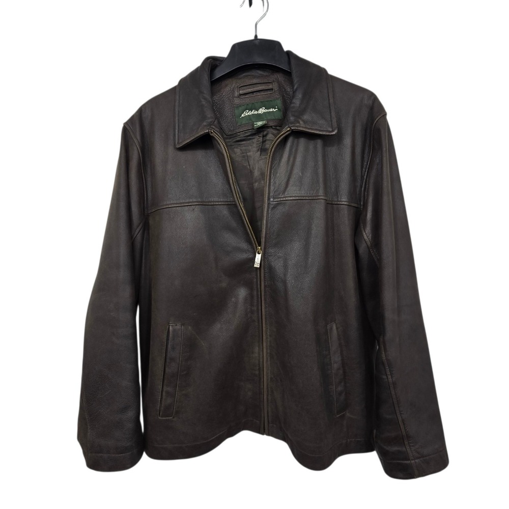 Vintage Eddie Bauer Leather Jacket Men's L Dark Brown Pockets Lined Distressed